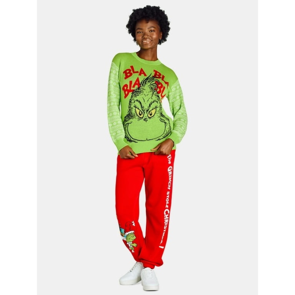 Women's Christmas The Grinch Red Blah Blah Blah Green Sweater Top XL 16